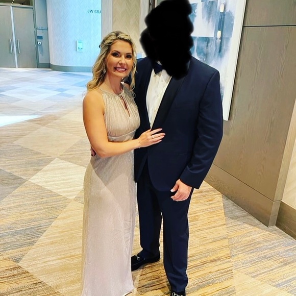 HIGH-NECK SHIMMER A-LINE GOWN WITH KEYHOLES, color - Blush - Picture 3 of 5